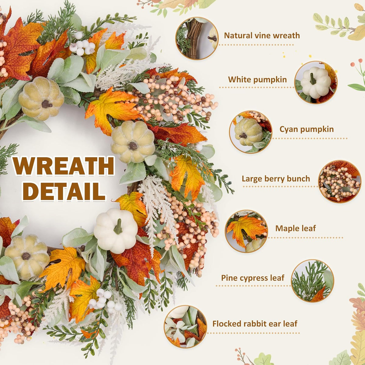 GENMOUS 24inch Fall Wreaths for Front Door, Maple Leaves Autumn Wreath Eucalyptus Berries Pumpkins Lamb Ears Leaves, Porch Wall, Home Outdoor Indoor Thanksgiving Halloween Harvest Holiday Fall Decor