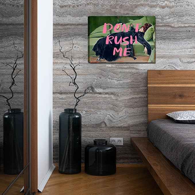 Maximalist Wall Art Decor Trendy Aesthetic Wall Decor Eclectic Girly Wall Art Don't Rush Me Altered Canvas Wall Art Vintage Pink Graffiti Poster for Living Room Bathroom Bedroom 16x12in Framed