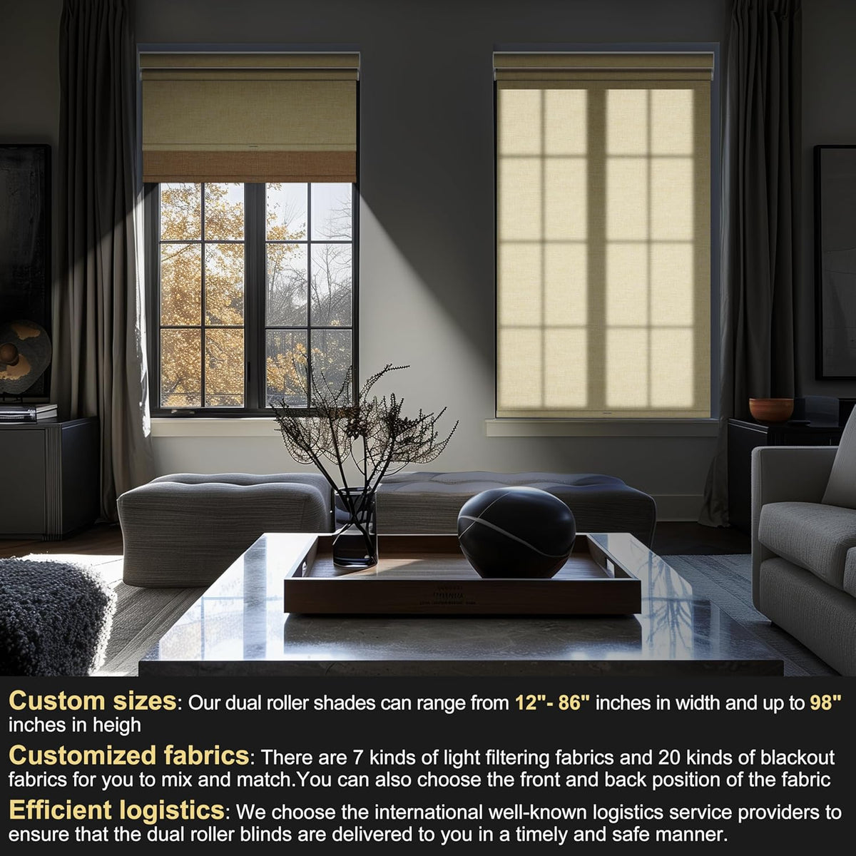 BERISSA Cordless Dual Roller Shades with Cassette Valance, Double Window Shades - Blackout and Light Filtering, Day and Night for Home Office Door. Linen Beige. 56 W x 56" H