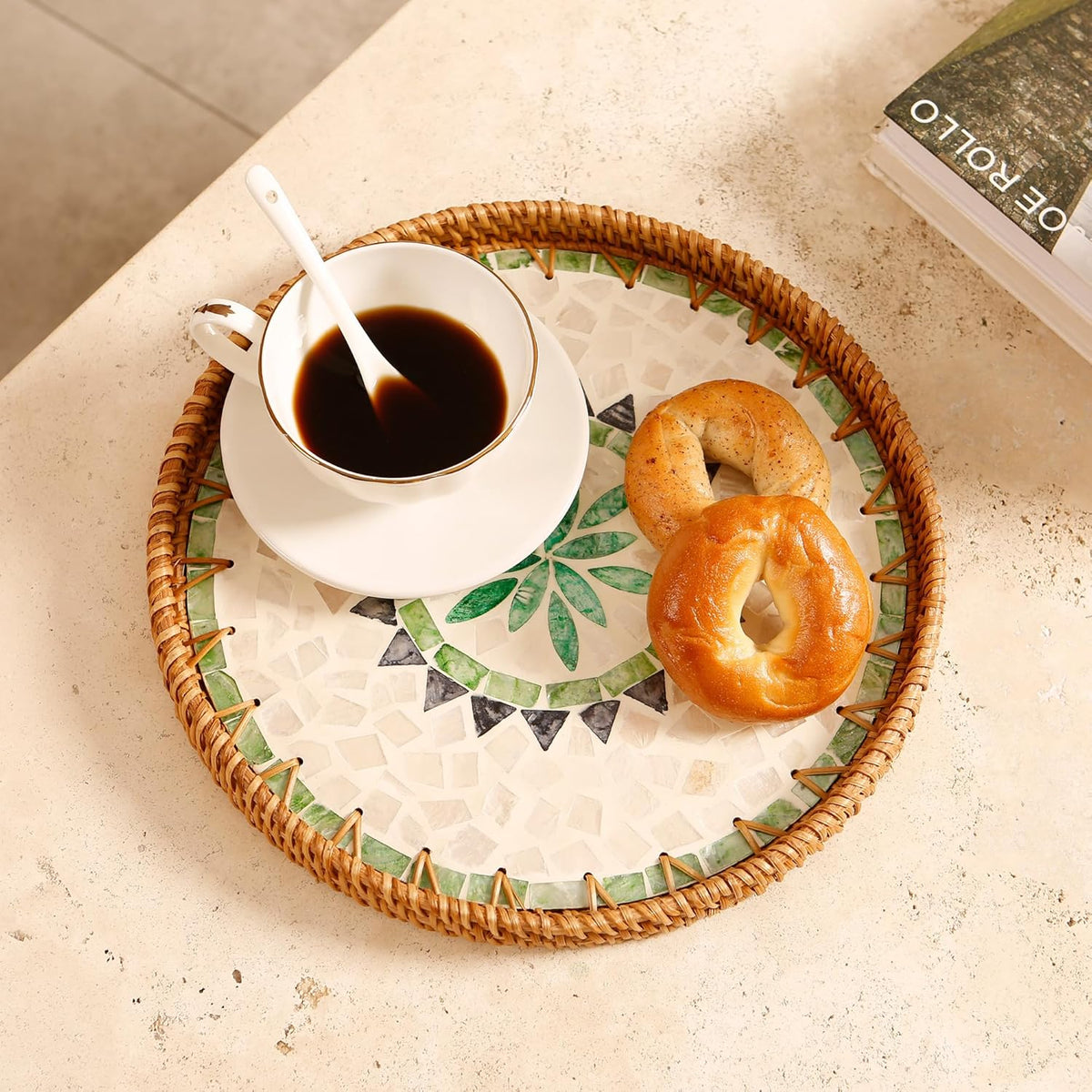 Round Rattan Tray with Mother of Pearl Inlay & Wooden Base - Decorative Wicker Serving Tray for Coffee/Bread/Fruits, Food Storage & Display - Multipurpose Home Decor (M,Bohemia) - HavenBliss Decor