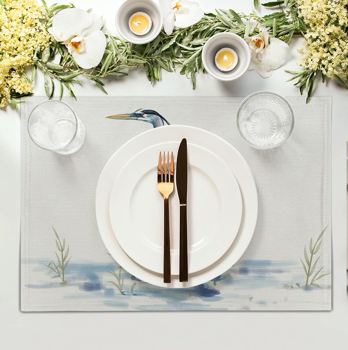 Coastal Placemats Set of 4 Summer Ocean Heron Place Mats 12x18 Inch Nautical Beach Sea Bird Pelican Table Mat Heat Resistant Non Slip Washable Linen Fabric Kitchen Dining Placemat