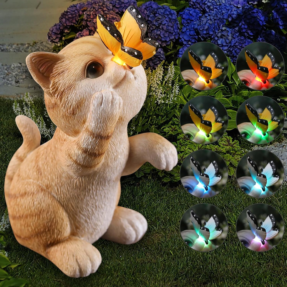 Solar Garden Statue Cute Cat Figurine Fun Color Changing LED Butterfly Light Outdoor Decor Waterproof Resin Sculpture Patio Lawn Art Housewarming Gifts for Cat Lovers Women