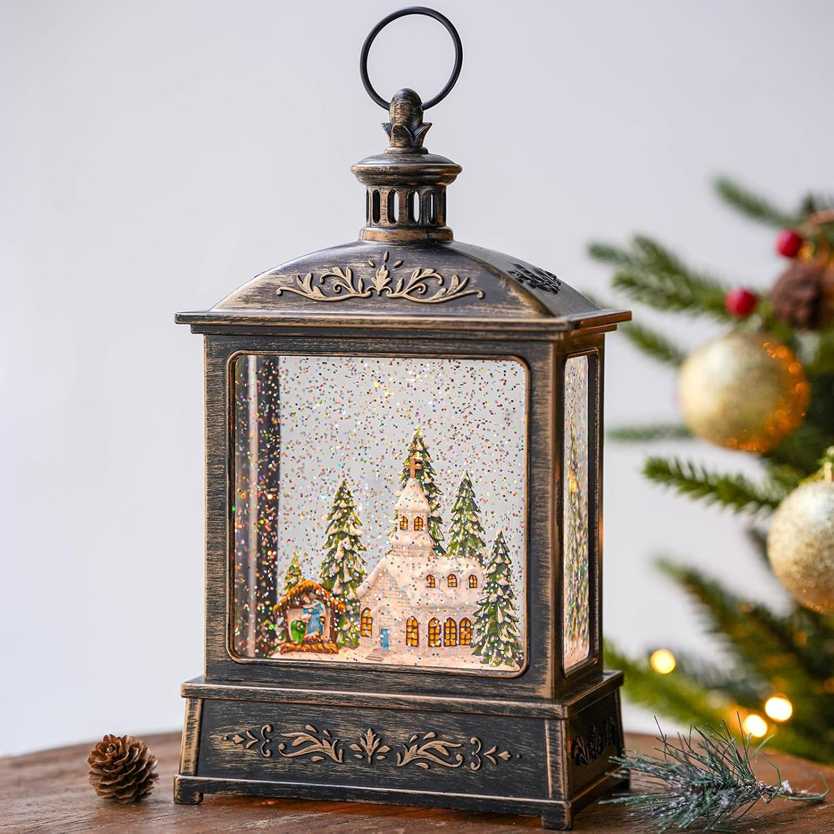 12.5'' Musical Snow Globe Lantern Lighted Church with Nativity Manger Scene Water Lantern in Swirling Glitter, Christmas Home Decoration and Gift, Battery Operated or USB Powered