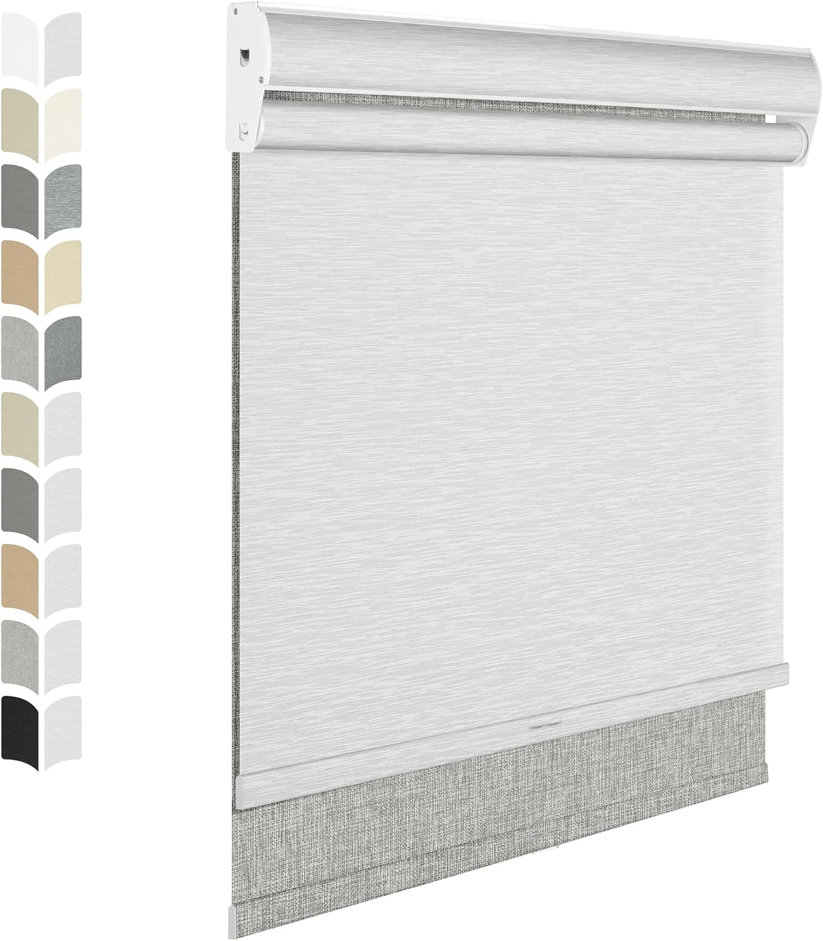 BERISSA Cordless Dual Roller Shades with Cassette Valance, Double Shades - Blackout and Light Filtering - Day and Night - Linen Grey and White. 74 W x 56" H