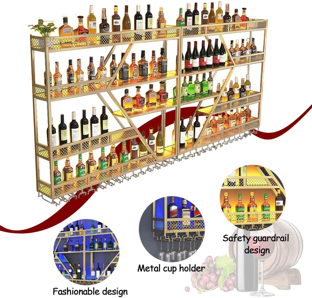 Wall Mounted Wine Rack with Glass Holder, 3-Tier Metal Storage Shelf, Black Diamond Design, Wine Bottle Display with Stemware Storage (Black, 47.24in/Right)