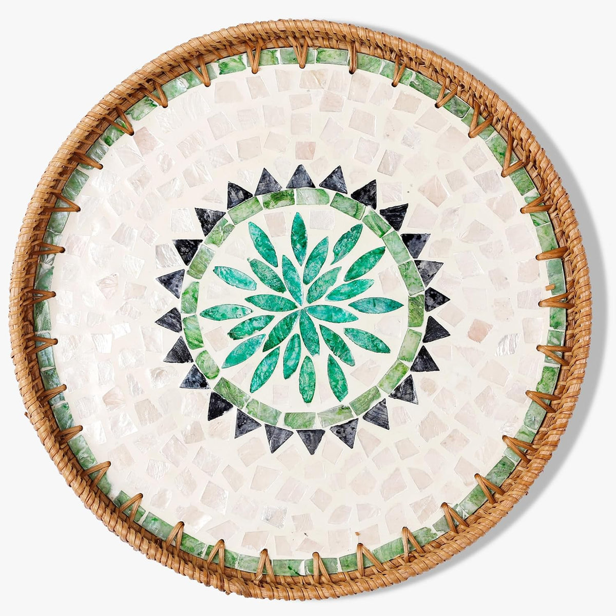 Round Rattan Tray with Mother of Pearl Inlay & Wooden Base - Decorative Wicker Serving Tray for Coffee/Bread/Fruits, Food Storage & Display - Multipurpose Home Decor (M,Bohemia) - HavenBliss Decor