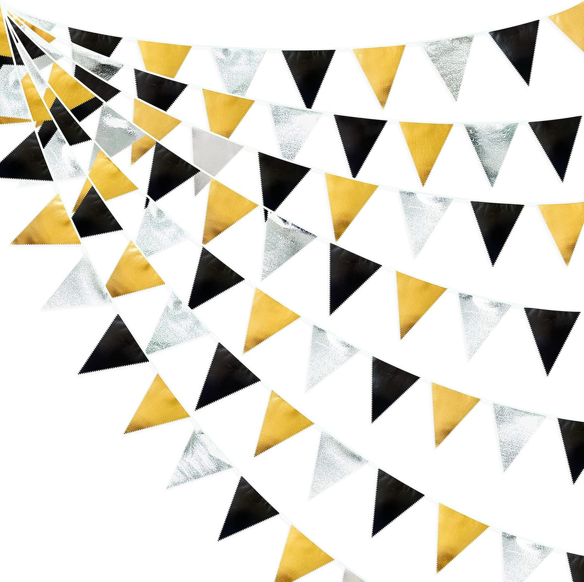 Black Gold Silver Party Decoration Triangle Pennant Banner Flag Metallic Fabric Bunting Garland for Birthday Graduation Anniversary Wedding Bridal Shower Bachelorette Engagement Disco Party Supplies - HavenBliss Decor