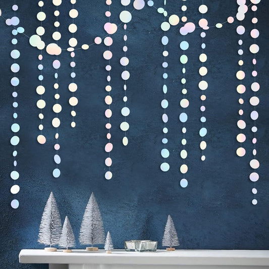 46 Ft White Iridescent Circle Dots Garland Hanging Holographic Polka Dots Streamer for Birthday Bachelorette Engagement Wedding Bridal Shower Galaxy Pastel Winter Christmas Party Decorations Supplies - HavenBliss Decor