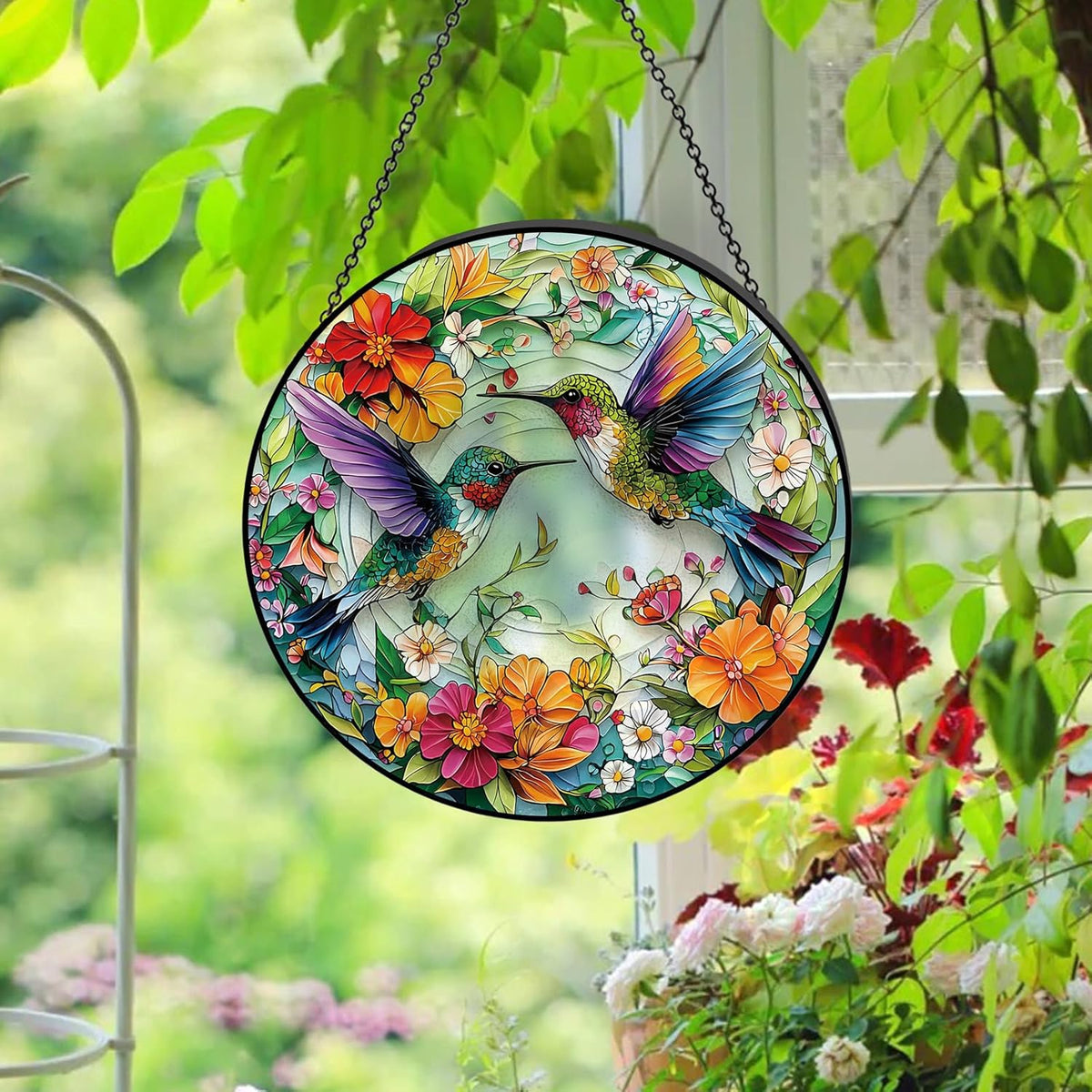 Stained Glass Window Hanging – Double-Sided Glass Sun Catcher with Chain – Memorial Window Art Panel for Home Décor, Spiritual Comfort, and All-Occasion Gifting - HavenBliss Decor