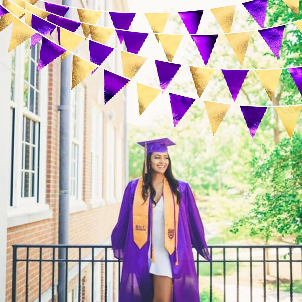 Purple and Gold Party Decorations Metallic Fabric Triangle Pennant Banner Flag Bunting Garland for Graduations Birthday Retirement Wedding Baby Shower Bachelorette Halloween Outdoor Party Supplies - HavenBliss Decor