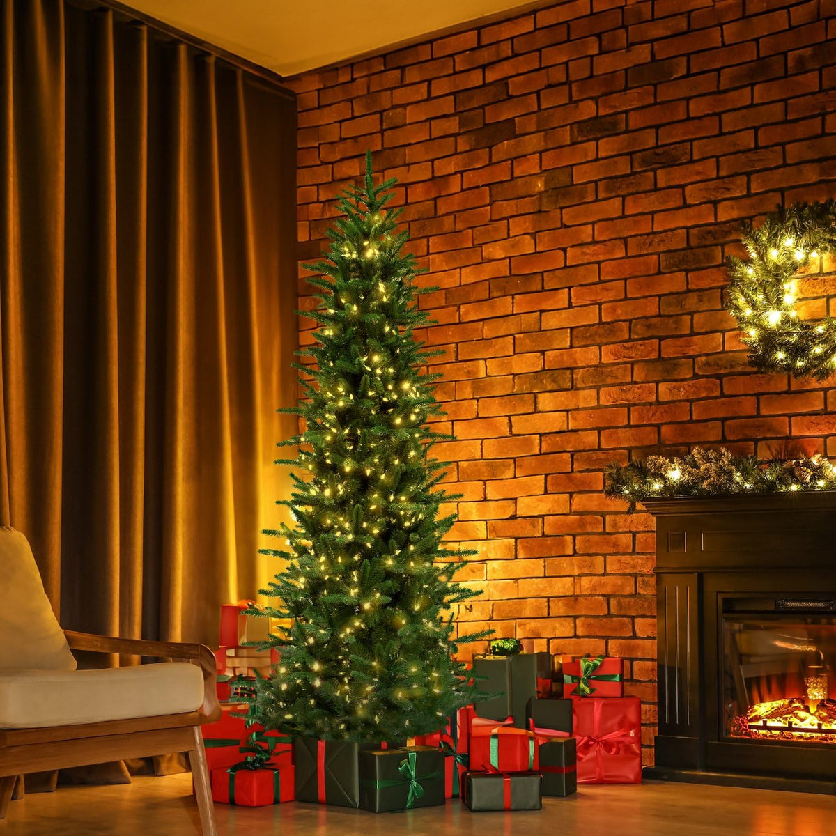 6.5 Ft. Carmel Pine Slim Artificial Christmas Tree with Warm White LED Lights and Stand