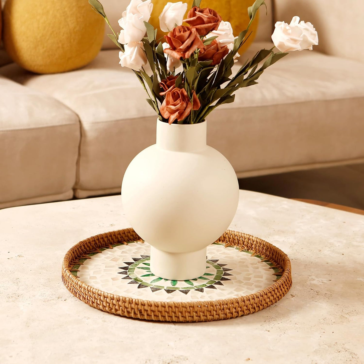 Round Rattan Tray with Mother of Pearl Inlay & Wooden Base - Decorative Wicker Serving Tray for Coffee/Bread/Fruits, Food Storage & Display - Multipurpose Home Decor (M,Bohemia) - HavenBliss Decor