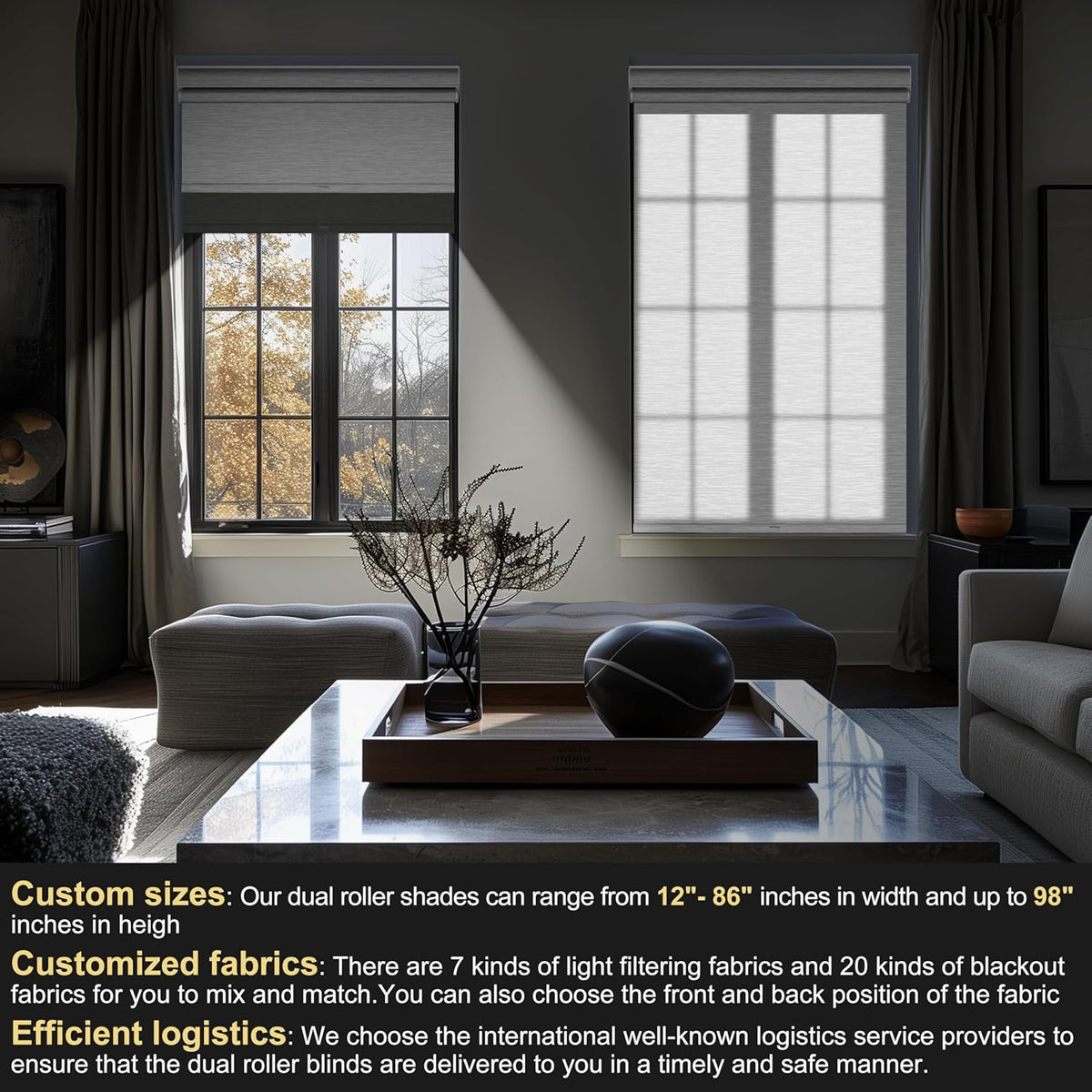 BERISSA Cordless Dual Roller Shades with Cassette Valance, Double Window Shades - Blackout and Light Filtering, Day and Night for Home Office Door. Grey and White. 35 W x 48" H