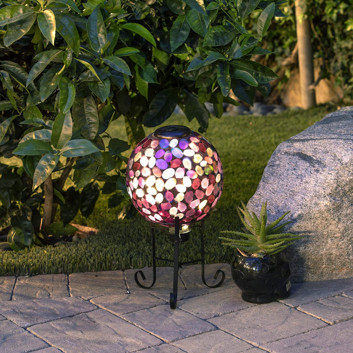 Outdoor Solar Powered Pink Glass Mosaic Gazing Globe with LED Lights and Metal Stand