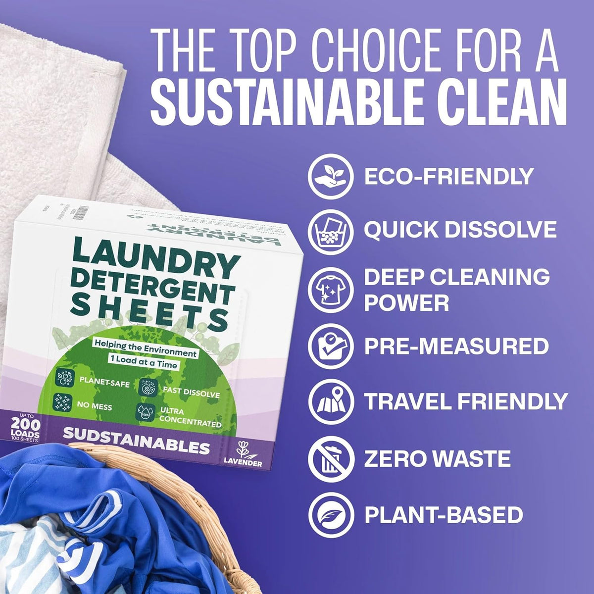 Sudstainables Laundry Detergent Sheets (200 Loads) – Eco-Friendly, Plastic-Free, Zero Waste, Laundry Washing Machines Soap Sheets; Dissolvable, Space-Saving Strips for Travel (Lavender) - HavenBliss Decor