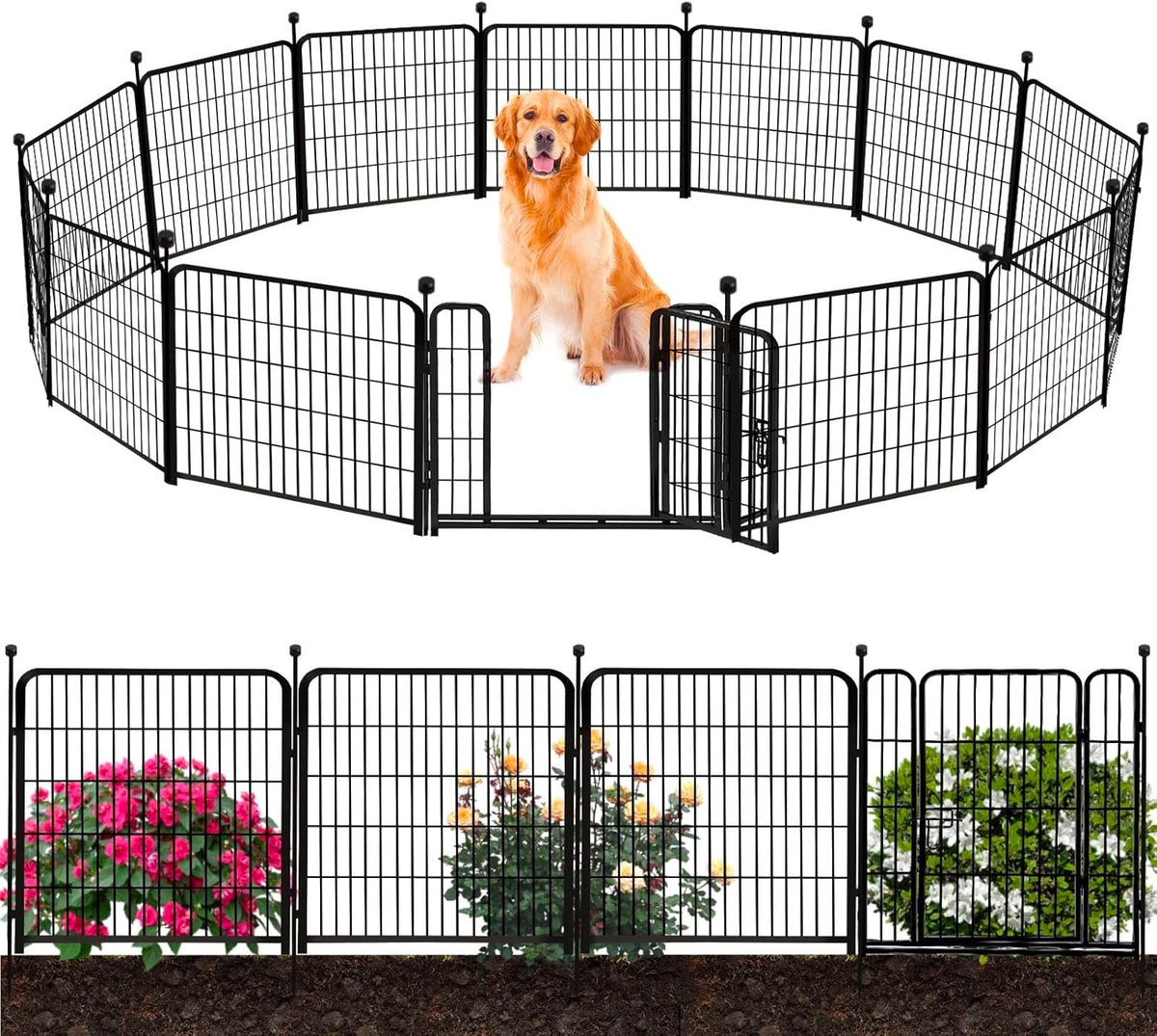 ADAVIN Garden Fencing 36 inch High, 14 Panels Total 31 Ft(L), Animal Barrier Fence, Wide gate Low Threshold, Yard Fence for Dogs, Black Metal Garden Fences and Borders, Outdoor Rabbit Fence