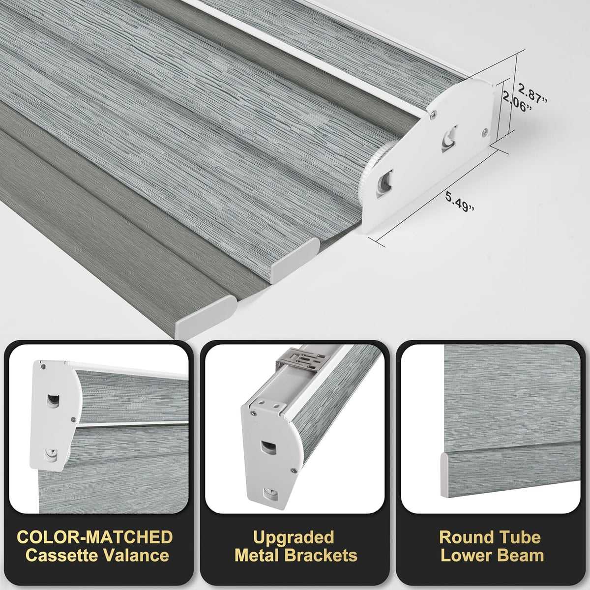 BERISSA Dual Roller Shades with Cassette Valance, Double Blackout & Light Filtering Shades for Home Office Doors. Striped Jacquard Grey, 68 W x 86 H