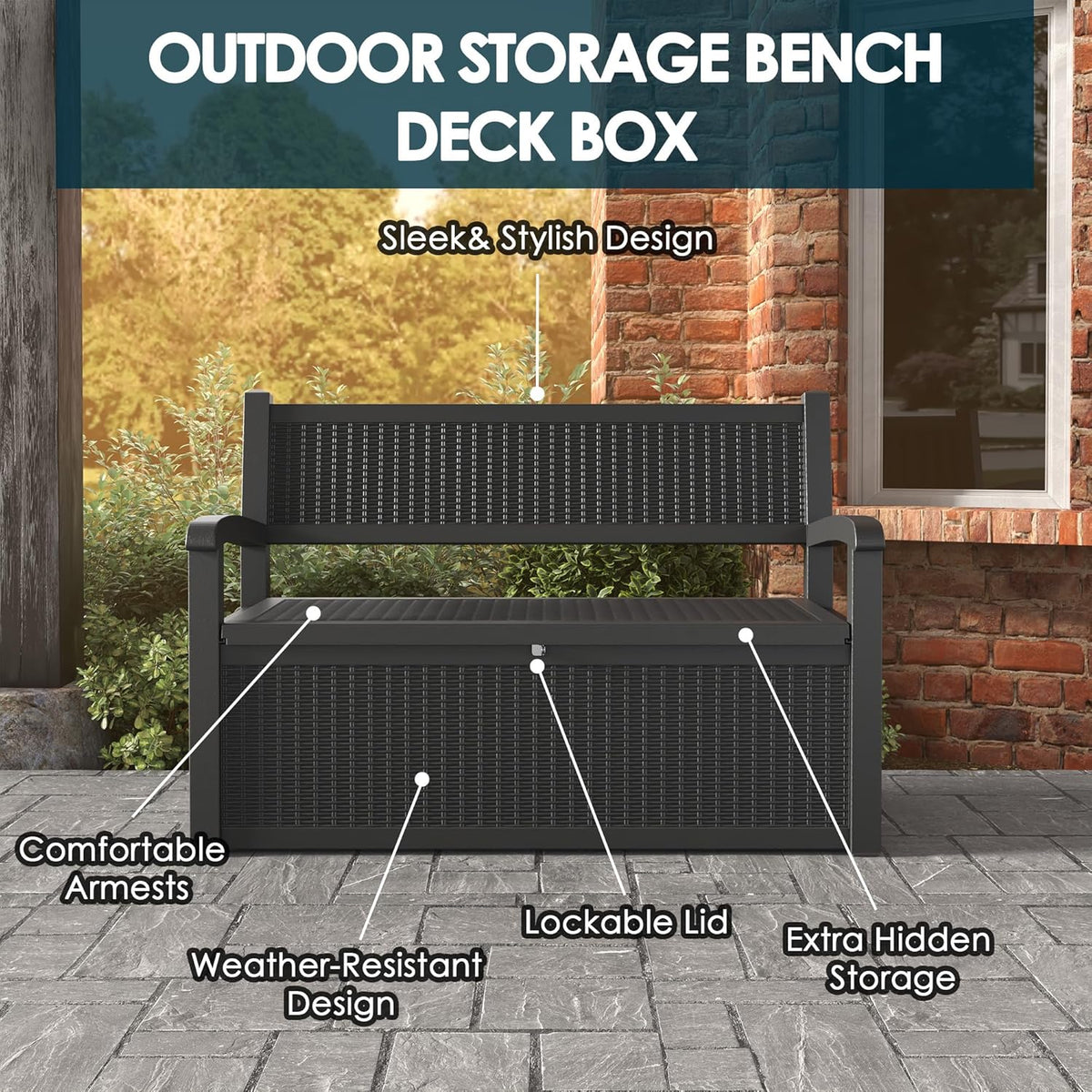 70 Gallon Storage Bench Deck Box for Patio Furniture with Armrest Bench Outdoor Storage - HavenBliss Decor