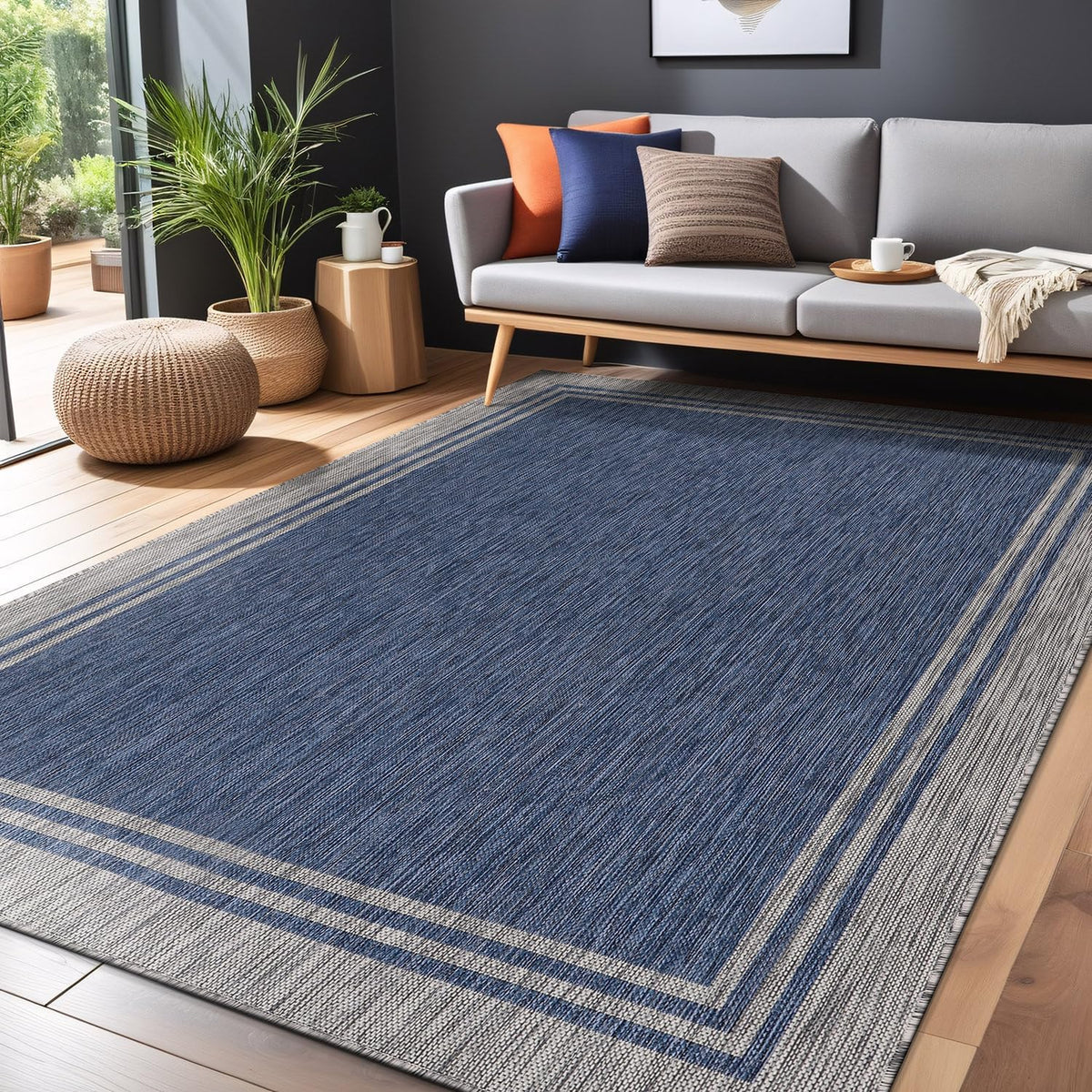 Bordered Outdoor Rug 10x14 Washable Outside Carpet for Indoor Patio Porch Waterproof Easy Cleaning Non Shedding Area Rugs Navy 10 x 14