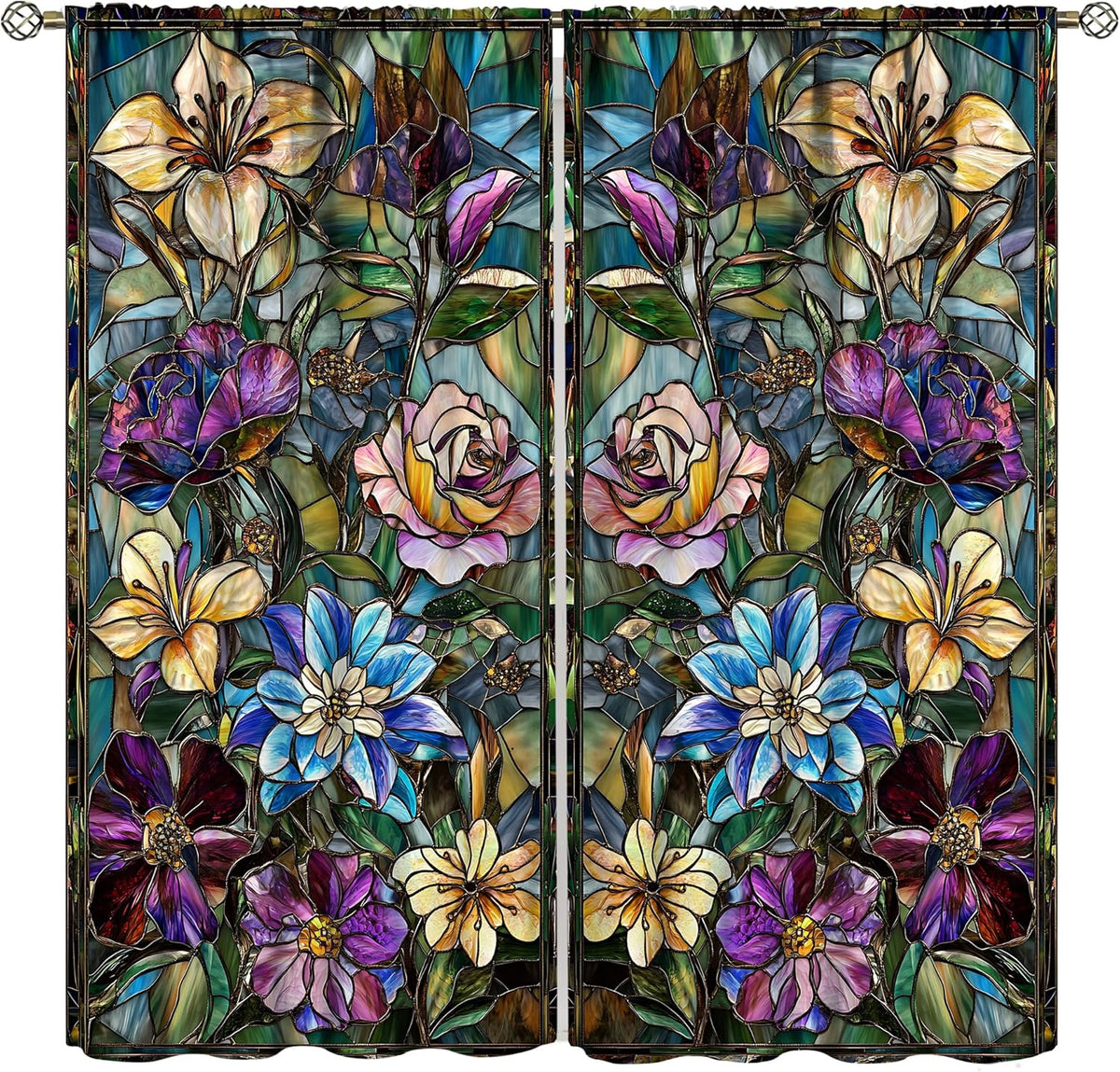 Stained Glass Curtains,Retro Colored Glass Flowers Art Home Decor Drapes for Bedroom Living Room Kitchen Window Treatment 2 Panels Set Total Size 42" W X 54" L Inch - HavenBliss Decor