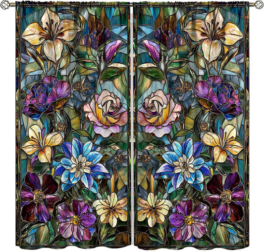 Stained Glass Curtains,Retro Colored Glass Flowers Art Home Decor Drapes for Bedroom Living Room Kitchen Window Treatment 2 Panels Set Total Size 42" W X 54" L Inch - HavenBliss Decor