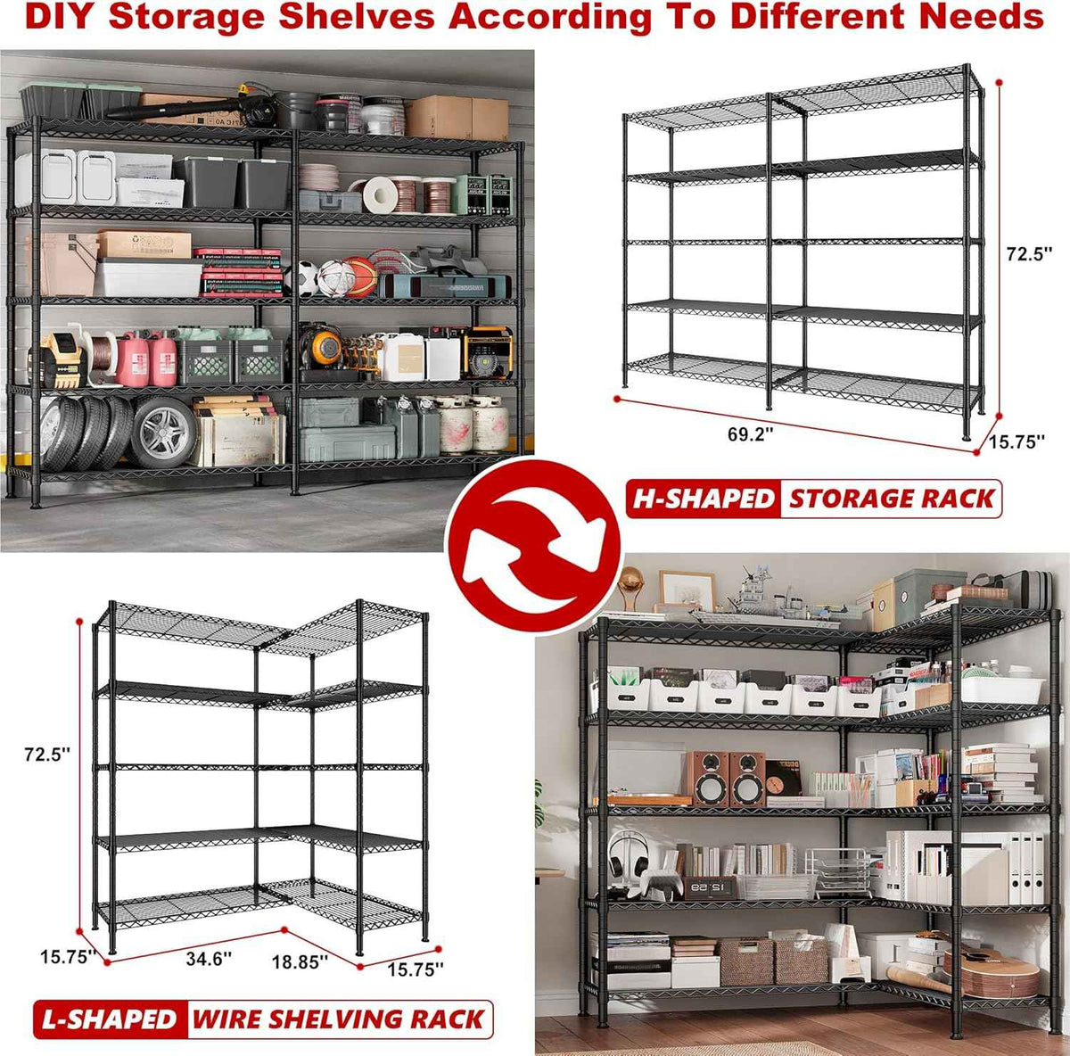 REIBII 70" W Storage Shelves Heavy Duty Load 1600LBS, Metal Shelving 5-Tier Wire Shelving Unit Metal Shelves for Storage Adjustable Shelving Rack for Pantry Kitchen 70" W*15.8" D*72.4" H, 2 Pack