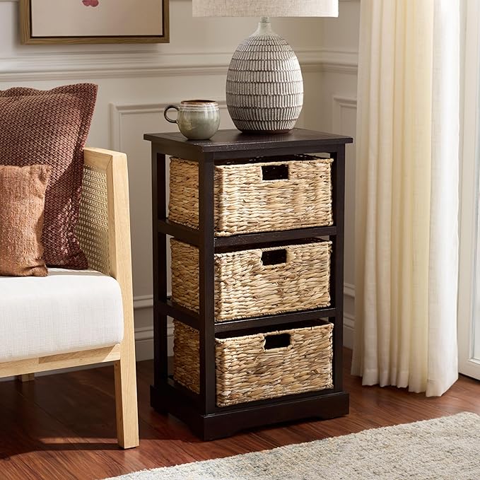 SAFAVIEH Home Collection – Halle Dark Chocolate 3-Drawer Basket Storage Side Table, Coastal Accent Design, Fully Assembled (AMH5738F)
