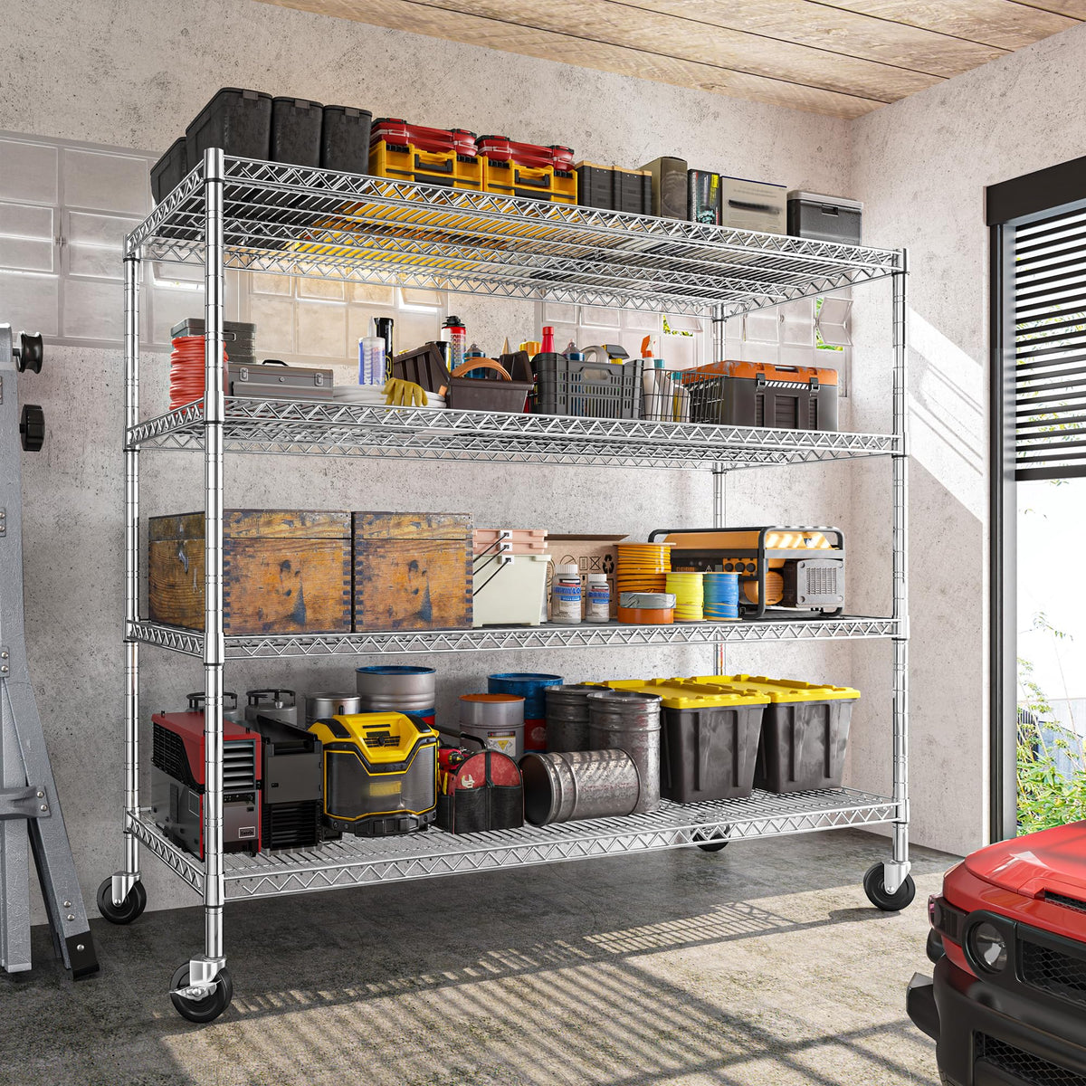 55.5''W Storage Shelves 2500LBS Wire Shelving Unit with Wheels Heavy Duty Metal Shelves for Storage Adjustable Garage Storage Rack Pantry Shelf Kitchen Shelving (4 Count)