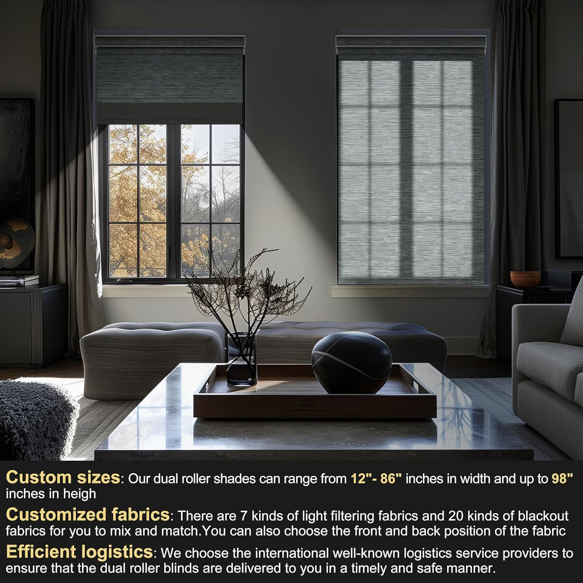 BERISSA Cordless Dual Roller Shades with Cassette Valance, Double Window Shades - Blackout and Light Filtering - Day and Night - Striped Jacquard Grey - 78 W x 72" H