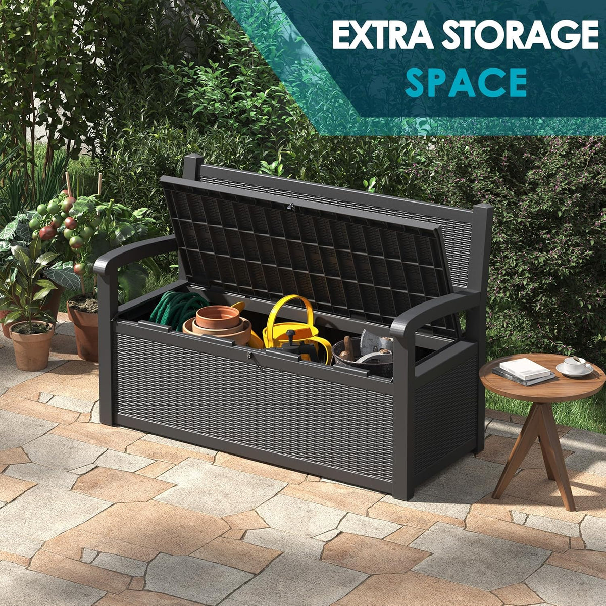 70 Gallon Storage Bench Deck Box for Patio Furniture with Armrest Bench Outdoor Storage - HavenBliss Decor