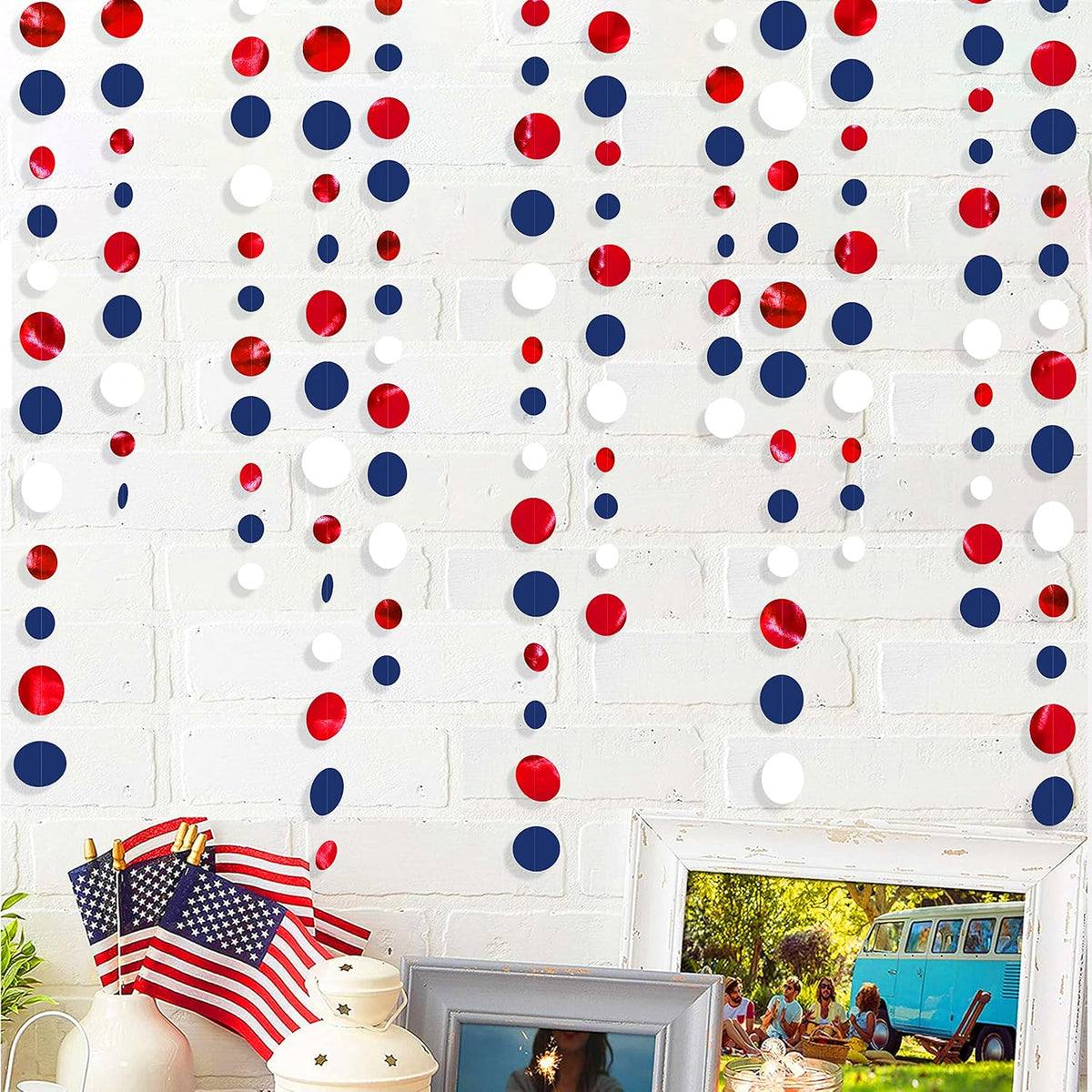 46 Ft Navy Blue Red White Circle Dots Garlands Royal Blue Red Hanging Paper Polka Dots Streamer for 4th of July American Independence Day USA National Day Patriotic Veterans Party Decorations Supplies - HavenBliss Decor