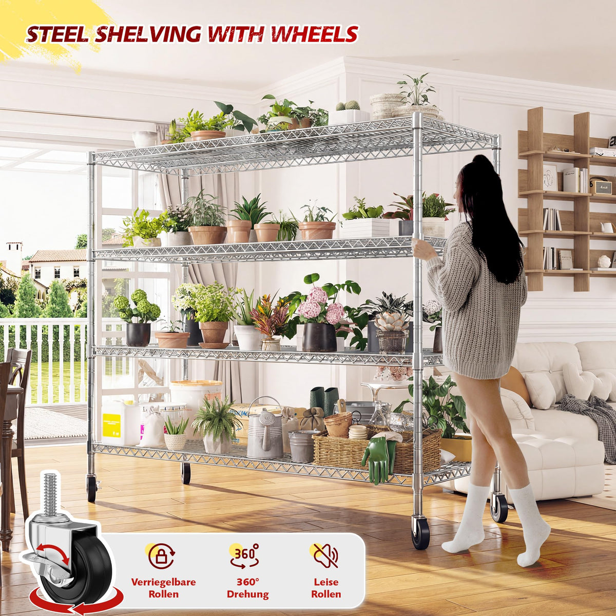 55.5''W Storage Shelves 2500LBS Wire Shelving Unit with Wheels Heavy Duty Metal Shelves for Storage Adjustable Garage Storage Rack Pantry Shelf Kitchen Shelving (4 Count)