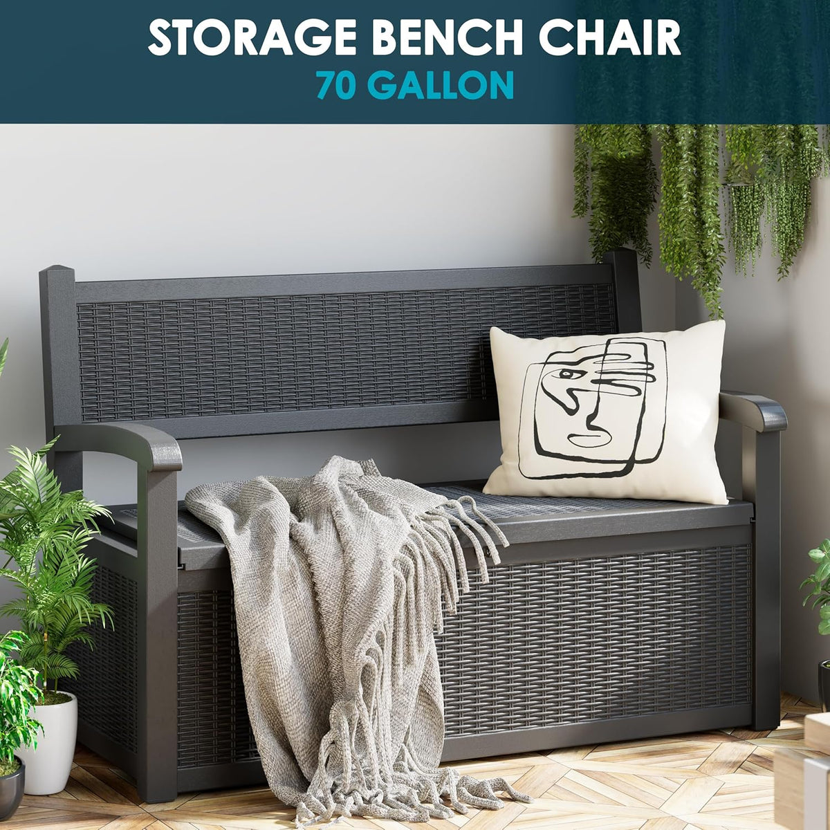 70 Gallon Storage Bench Deck Box for Patio Furniture with Armrest Bench Outdoor Storage - HavenBliss Decor