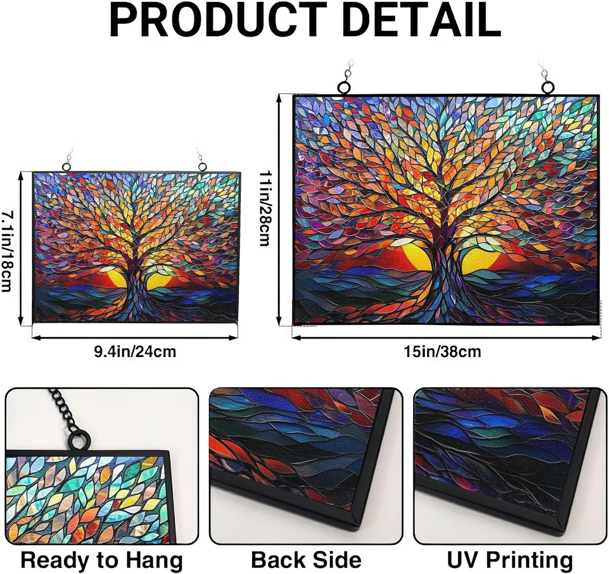 Rectangle Tree of Life Stained Glass Window Hanging Window Suncatcher Glass Panel with Metal Chain Sun Catchers Wall Art Home Decor Gift for Women Mother's Day - HavenBliss Decor