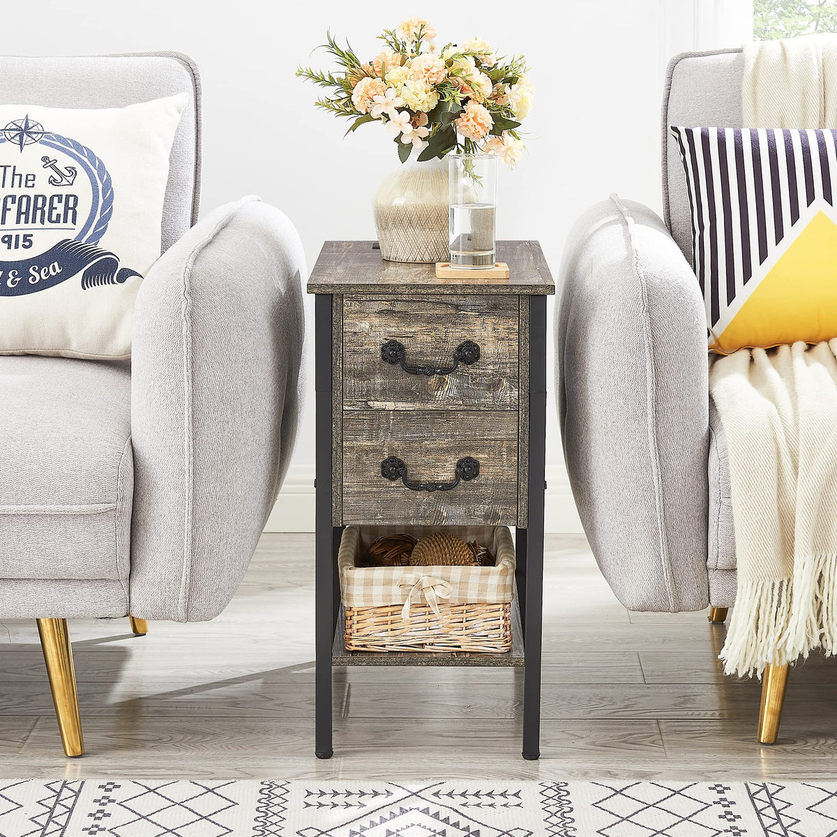 End Tables Narrow Nightstands with Charging Station & USB Ports &Drawers