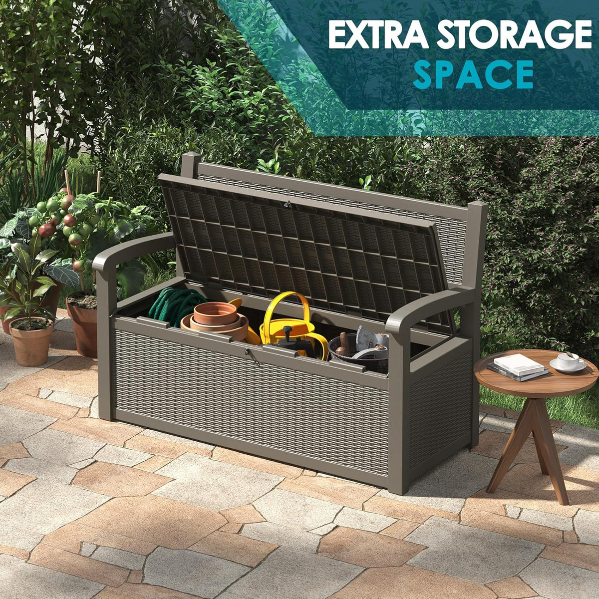 70 Gallon Storage Bench Deck Box for Patio Furniture with Armrest Bench Outdoor Storage - HavenBliss Decor