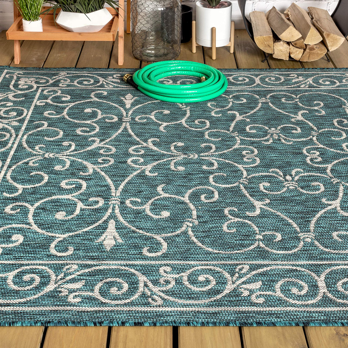 Vintage Filigree Indoor Outdoor Area Rug 3X5 Teal