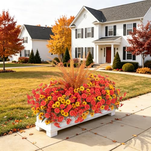 Artificial Fall Mums Flowers Fake Plants for Outdoors Decoration (3 Mixed Colors(6 Yellow,6 Orange,1 Fern))