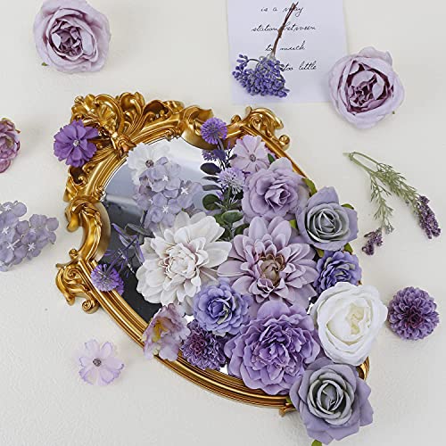 Artificial Flowers Combo for DIY Centerpieces Arrangements Wedding Bridal Bouquet Table Chair Candle Holder Baby Shower Cake Flower Home Decor (White&purple)