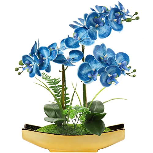 Orchids Artificial Flowers 15" Blue Phalaenopsis Faux Orchid with Gold Pots Fake Orchid Fake Plant for Home Office Bedroom Christmas Table Wedding Party Decor (Blue#3)