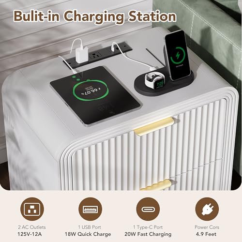 23'' Wide Fluted Nightstand Set of 2 with Charging Station (White / 2 Drawers)