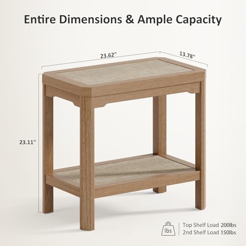 Rattan Side Table End Table Set of 2 with Geometric Edge (Natural Oak, Geometric Edges)