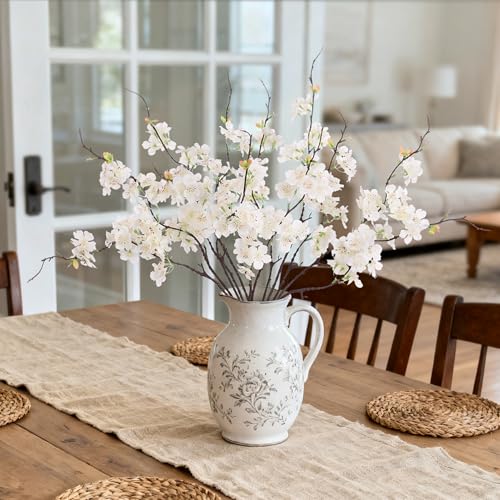 Artificial Cherry Blossom Branches Decor 12 PCS Fake Flowers Indoor (12pcs-22.83 Inch White)