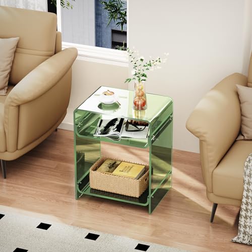 Acrylic End Table Record Player Table with Storage Shelf Clear Side Table Nightstand (Green)