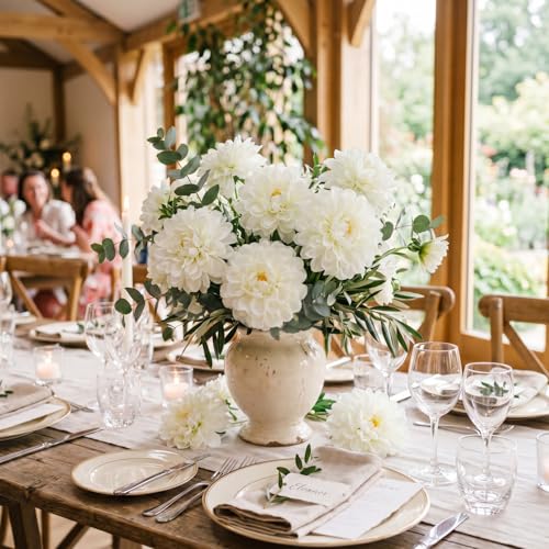 100pcs White Artificial Dahlia Flowers with Stems (Milky White)