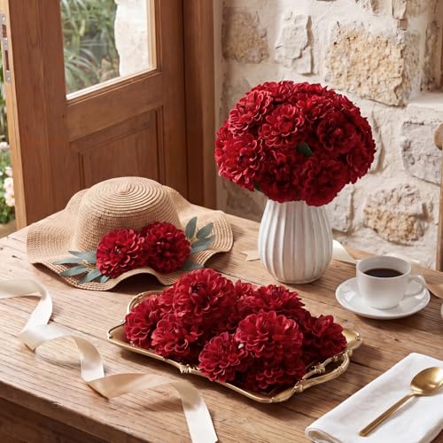 100pcs Red Artificial Dahlia Flowers with Stems (Red)