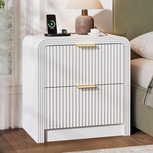 23'' Wide Fluted Nightstand with Charging Station (White / 2 Drawers)