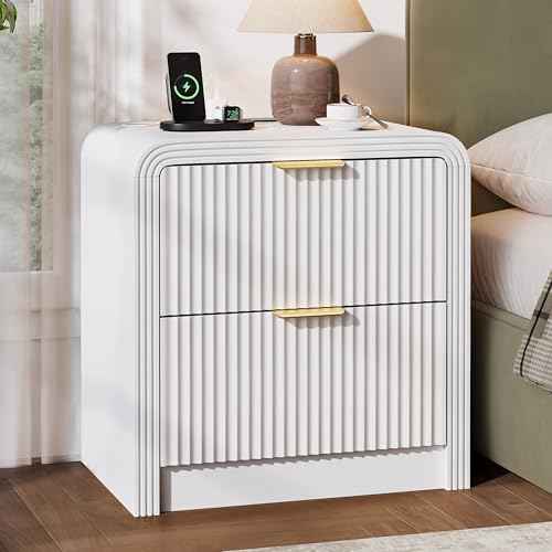 23'' Wide Fluted Nightstand with Charging Station (White / 2 Drawers)