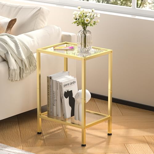 Glass Side Table (Gold / 2-Tier (11"D x 15"W x 21.7"H))
