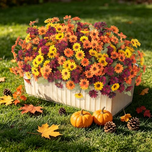 Artificial Fall Flowers Fake Mums Plants for Outdoors Decoration (4 Yellow, 4 Orange, 4 Fuchsia)